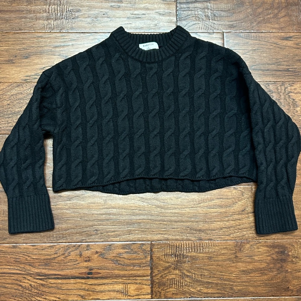 Babaton 100% Wool Cropped Cable Knit Sweater | Boxy Drop Shoulder | Size S